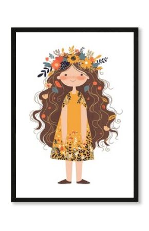 boho girl smiling with joy, cute cartoon girl, character design illustration isolated on white background