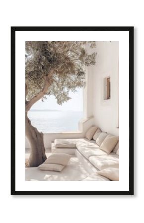 View of the terrace of a cozy hotel in boho style, overlooking the sea, summer vacation concept.