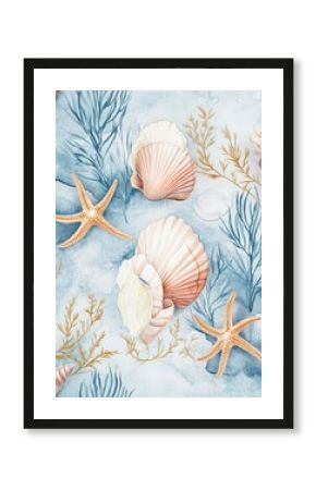 Elegant watercolor starfish and seashells with ocean botanicals. Coastal marine illustration with starfish, shells, and seaweed 