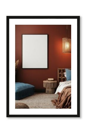 Boho bedroom mockup with blank art print, terracotta walls, and woven furniture