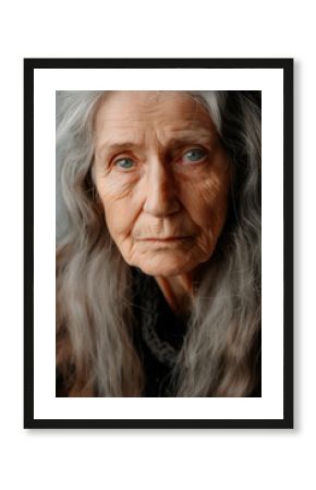 AI-generated photo of a beautiful mature woman with long gray hair looking at a camera.  Close up portrait