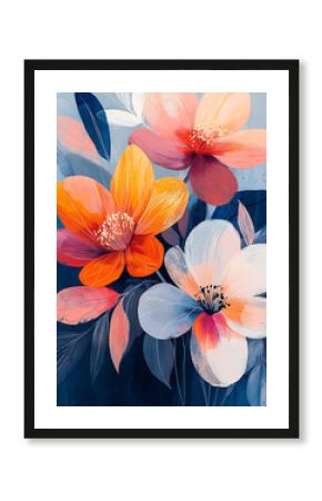 Vibrant floral painting featuring large, colorful flowers in shades of orange, pink, and white against deep blue background, evoking sense of joy and tranquility