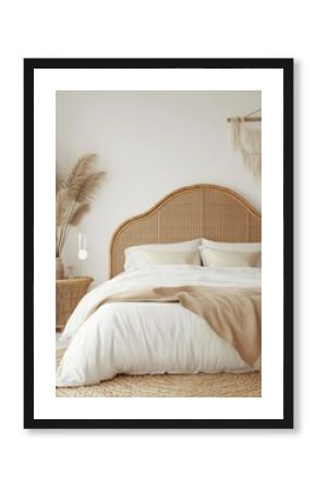Neutral boho bedroom with rattan headboard