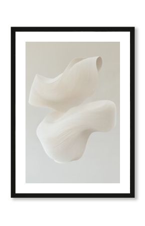 Hyper-Realistic Art Poster of a Floating White Wood Grain Sculpture Made of Thin Paper Strips Against a Gray Background