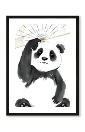 Panda holds fan in delicate minimalist ink style.