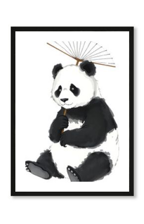 Panda holds fan in delicate minimalist ink style.