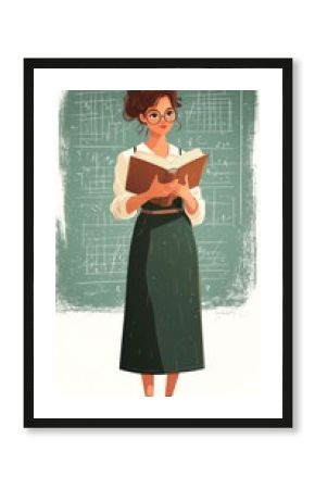 Stylized image of a teacher holding a book and chalk, flat style on white background.