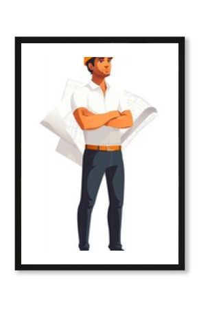 Stylized image of a construction worker with a helmet and blueprint, flat style on white background.