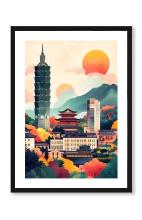 Vibrant Taipei Skyline  A Retro Inspired Poster Highlighting Iconic City Landmarks and Cultural