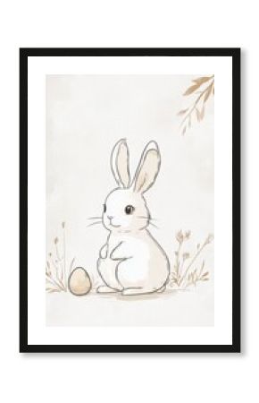 Minimalistic Wabi Sabi Style Easter Bunny with Subtle Imperfections and Serene Aesthetic Surrounded by Uneven Easter Eggs and Natural Elements