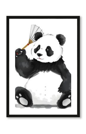 Panda holds fan in delicate minimalist ink style.