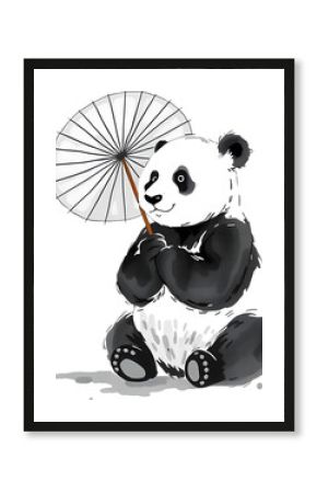 Panda holds fan in delicate minimalist ink style.