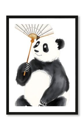 Panda holds fan in delicate minimalist ink style.