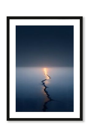 minimalist frozen lake cracked with one glowing fissure