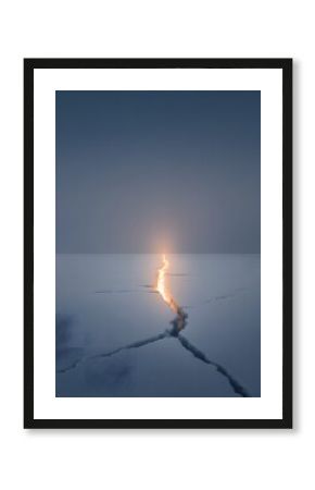 minimalist frozen lake cracked with one glowing fissure