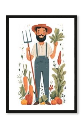 Stylized image of a farmer with a pitchfork and vegetables, flat style on white background.