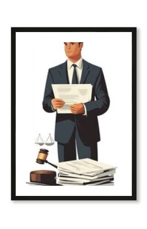 Stylized image of a lawyer with legal documents and a gavel, flat style on white background.