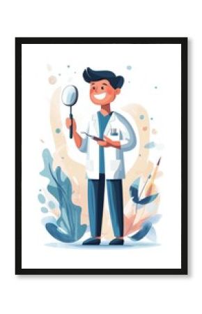 Stylized image of a dentist with a dental mirror and tools, flat style on white background.