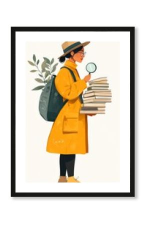 Stylized image of a librarian holding books and a magnifying glass, flat style on white background.