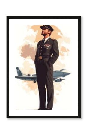 Stylized image of a pilot in uniform with an airplane in the background, flat style on white background.