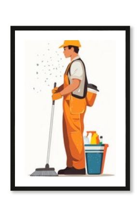 Stylized image of a janitor holding a mop and cleaning supplies, flat style on white background.