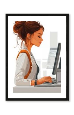 Stylized image of a receptionist with a phone and computer, flat style on white background.