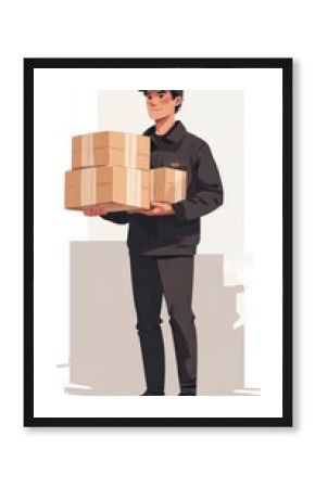 Stylized image of a delivery driver holding packages, flat style on white background.