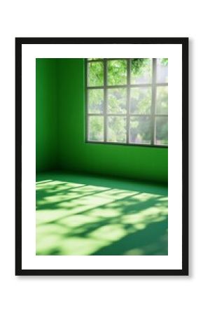 Sunlight streaming through window panes creates geometric shadows on bright green walls and floor, forming a peaceful minimalist interior scene with natural lighting patterns.