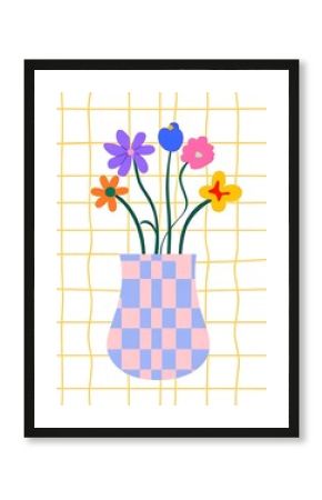 Playful Minimalist Checkered Vase with Colorful Flowers Art