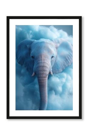 Majestic blue elephant emerging from cotton candy cloud