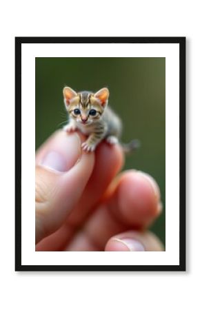 Tiny Kitten Sitting Comfortably on a Human Finger in Close Up View