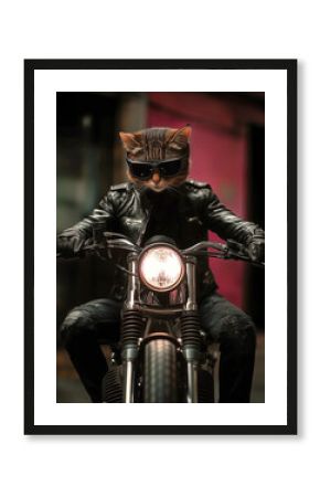 A cat with a stylish biker outfit and sunglasses confidently rides a motorcycle. The urban background features vivid colors, highlighting a fun and adventurous moment Generative AI
