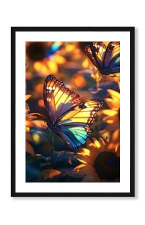 Stunning butterflies flying over colorful field of sunflowers
