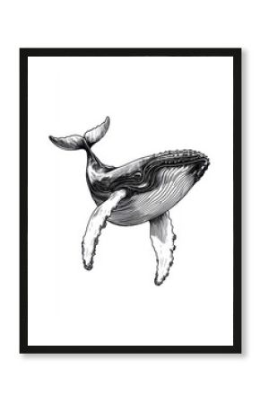 Hand drawn retro sketch of a whale in motion with visible details and texture on white background in pencil style