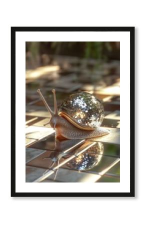 Snail with Disco Ball Shell Crawling on Tiled Surface
