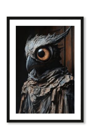 Owl costume with detailed feathers and lifelike eyes near wooden door in dramatic light