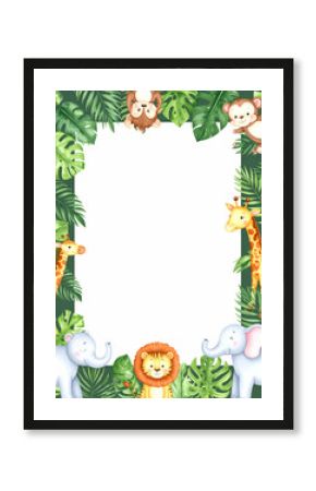 A colorful jungle-themed frame featuring cute animals and tropical leaves.