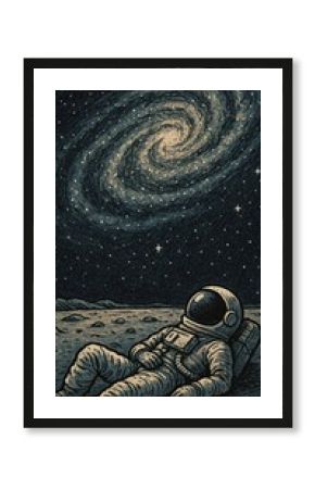 Astronaut stargazing on lunar surface.