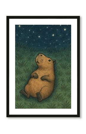 Capybara stargazing night illustration.