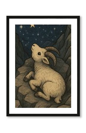 Dreamy goat stargazing illustration.