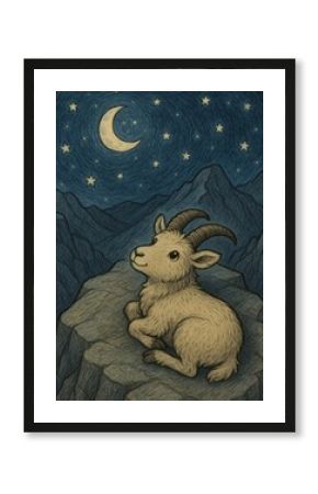 Dreamy goat under starlit sky.