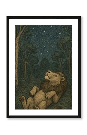 Lion stargazing in forest