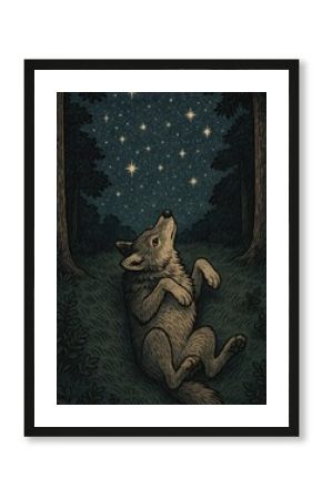 Wolf stargazing under night sky.