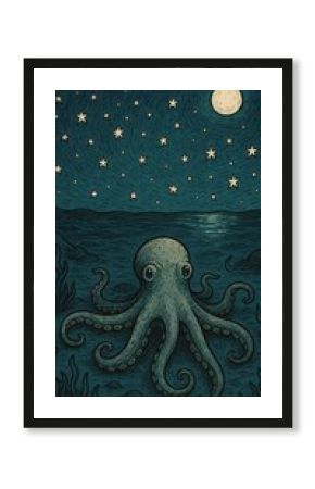 Whimsical octopus under stars