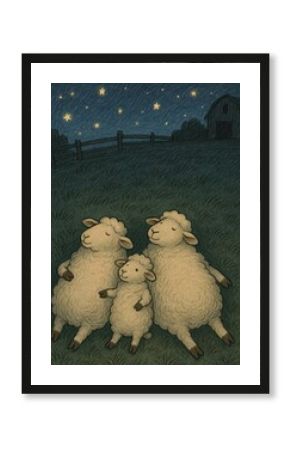 Sheep stargazing under night sky.