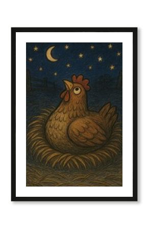 Chicken under starry night sky.