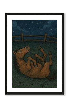 Whimsical horse under starry sky.