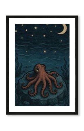 Whimsical octopus under stars.