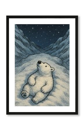 Polar bear stargazing snowy mountains.