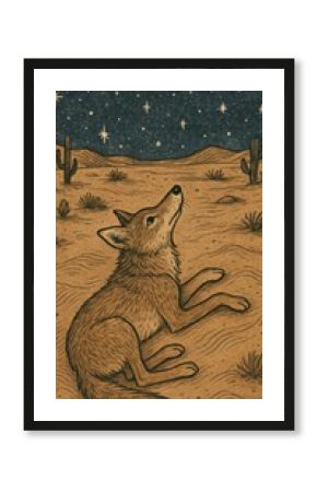Coyote gazes starry desert.